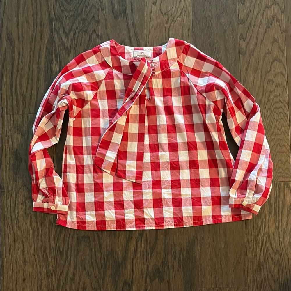 Red and White Gingham Check Blouse with Tie Neck